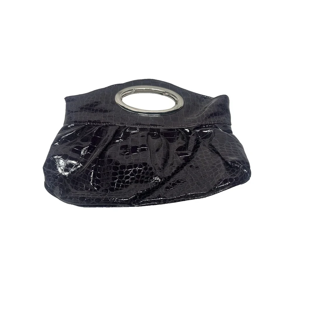 Vintage Deep Plum Faux Croc Embossed Metal Ring Handle Clutch‎ Handbag Patent